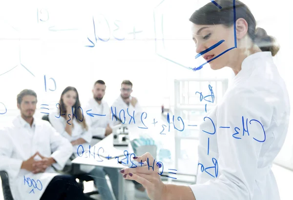 View through the transparent Board. female biochemist makes a report to colleagues — Stock Photo, Image