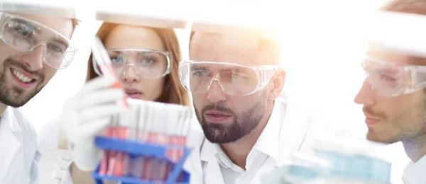 Close seup of a group of scientists and pharmacists in the laboratory . — стоковое фото