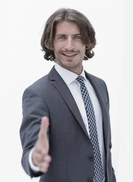 Businessman offering handshake to you on white background — Stock Photo, Image