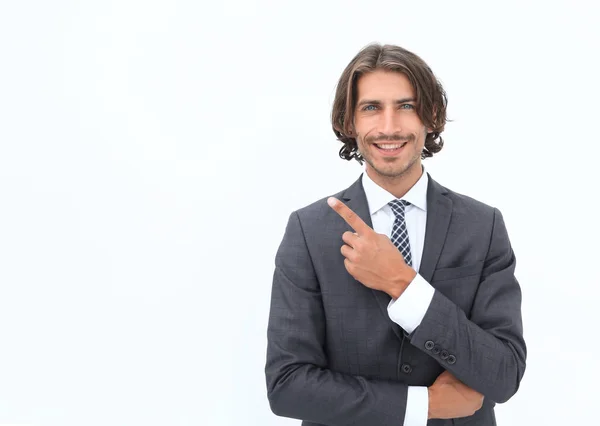 Hombre de negocios guapo mostrando el dedo hacia arriba —  Fotos de Stock