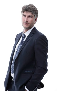 yakın çekim. Kameraya bakarak emin iş adamı.