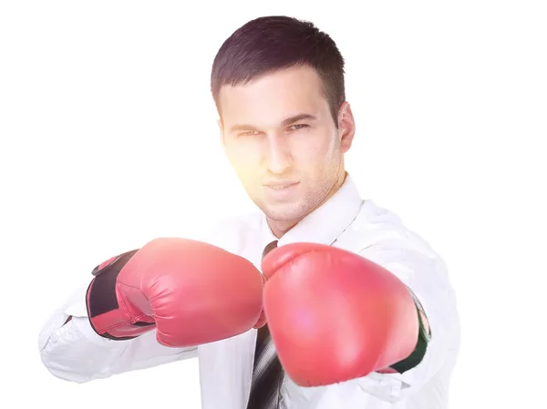 Hombre de negocios con guantes de boxeo está listo para la batalla corporativa . — Foto de Stock