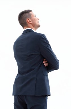 Geri bakış. Çantası olan kendine güvenen bir iş adamı.