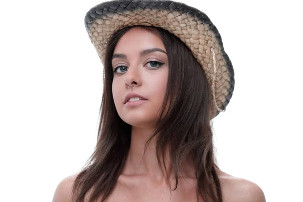 Kovboy şapkalı güzel bir genç kadın portresi — Stok fotoğraf