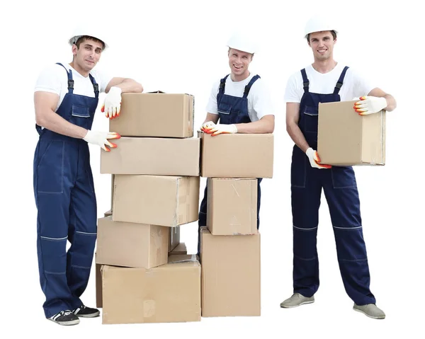 Grupo de pessoas construtores com caixas — Fotografia de Stock