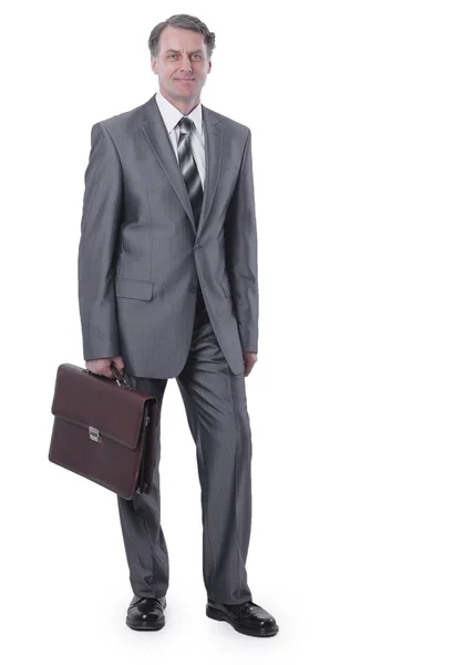 In all growth.Serious man in suit holding jacket — Stock Photo, Image