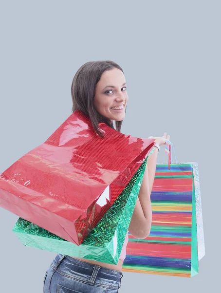 Portré fiatal boldog mosolygós nő bevásárló táskák — Stock Fotó