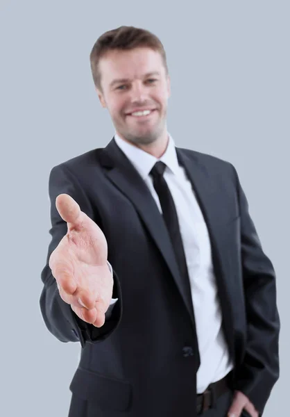 Retrato de homem de negócios feliz convidando à cooperação isolado — Fotografia de Stock