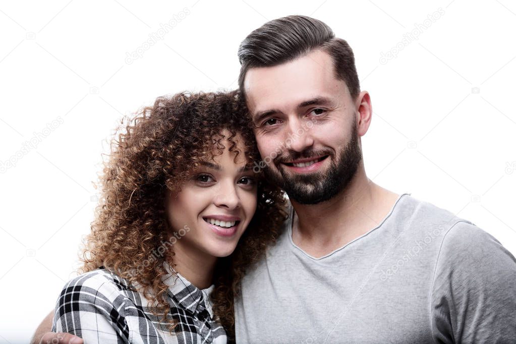 Close-up face of a man and a woman.