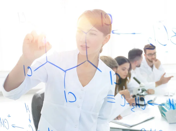 View through the transparent Board. female scientist makes a report to colleagues — Stock Photo, Image