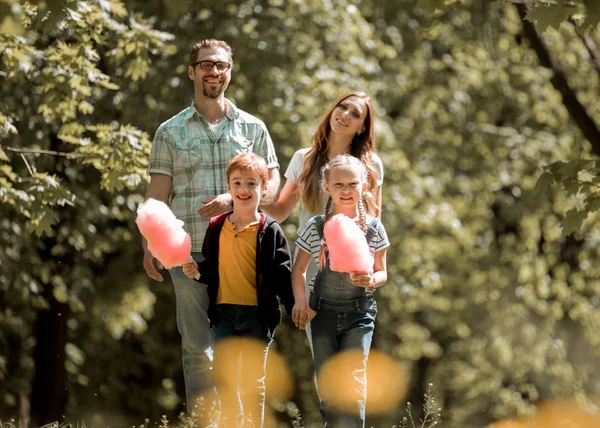 Portrait of a young family on the background of the Park. — Stock Photo, Image