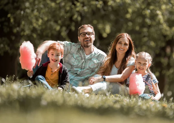 Familia feliz sentado en el césped en el parque de la ciudad —  Fotos de Stock