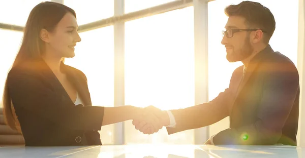 Friendly smiling business people  handshaking after pleasant tal — Stock Photo, Image