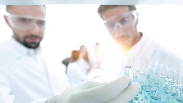 Cientista e assistente estudando a solução no tubo — Fotografia de Stock