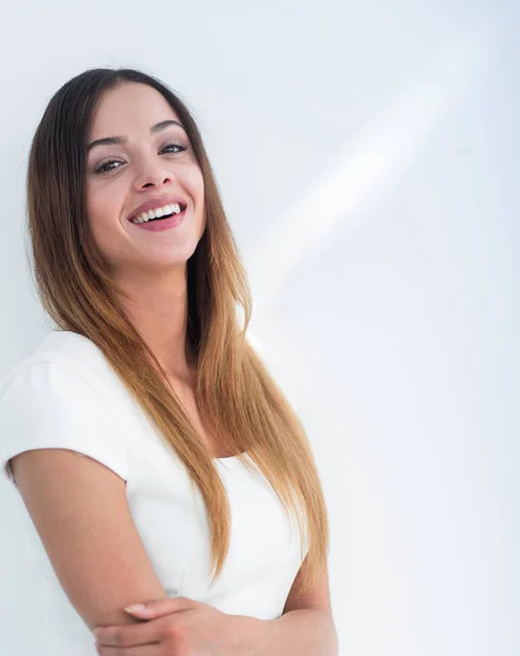 Mulher de negócios feliz sorrindo - isolado sobre um fundo branco — Fotografia de Stock