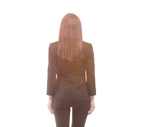 Bakre view.full-längd porträtt av en ung affärskvinna i en byxa kostym. — Stockfoto