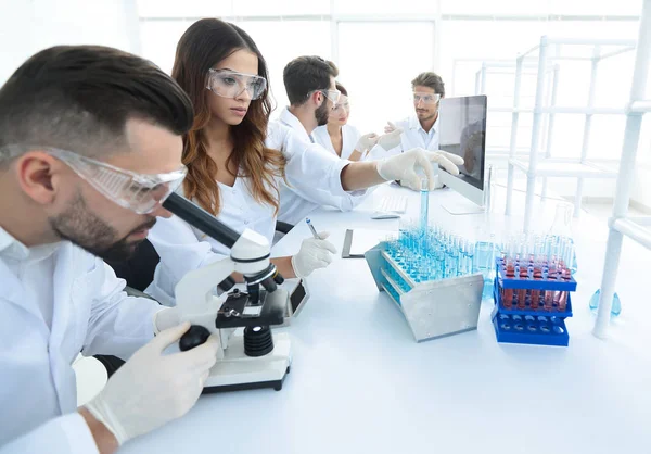 Científicos examinando en el laboratorio con tubos de ensayo . — Foto de Stock