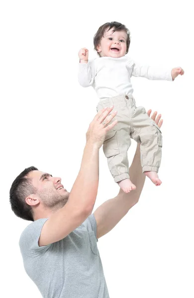 Feliz joven sosteniendo a su bebé, aislado en blanco — Foto de Stock