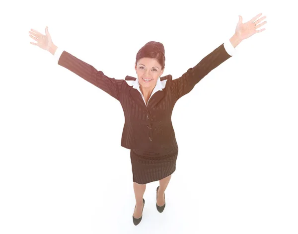 Взгляд сверху от счастливой деловой женщины, поднимающей руки — стоковое фото