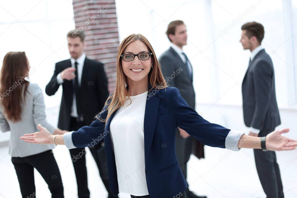greeting gesture business woman smiling