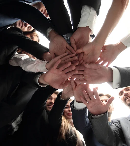 Duże firmy team jest tworząc okrąg i jego ręce splecione ze sobą — Zdjęcie stockowe