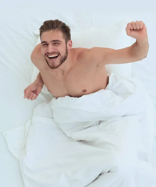 Top view.a homem muito feliz domingo de manhã — Fotografia de Stock