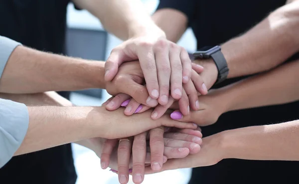 Close-up van een collega's met hun handen gestapelde togeth — Stockfoto