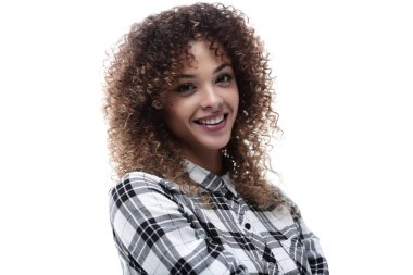 Kendine güvenen genç kadın ekose gömlekli