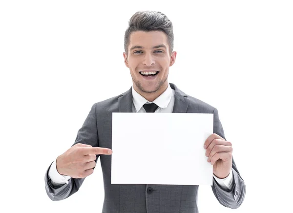 Jovem feliz mostrando e mostrando cartaz pronto para o seu te — Fotografia de Stock