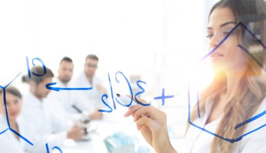 Kadın bilim adamı meslektaşlarına rapor veriyor.