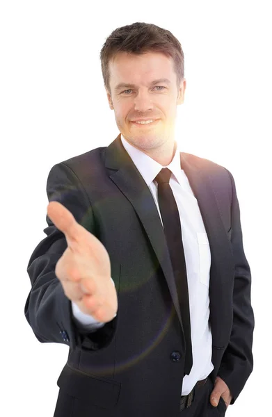 Jóképű üzletember kezet nyújt egy kézfogásért.. — Stock Fotó