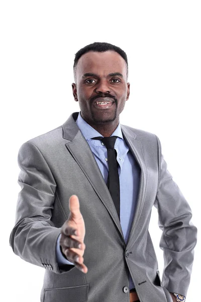 Lachende succesvolle Afro-Amerikaanse zakenman hand geven. — Stockfoto