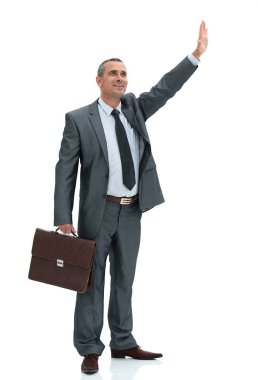 Kendine güvenen işadamı konuksever bir el hareketi yapma