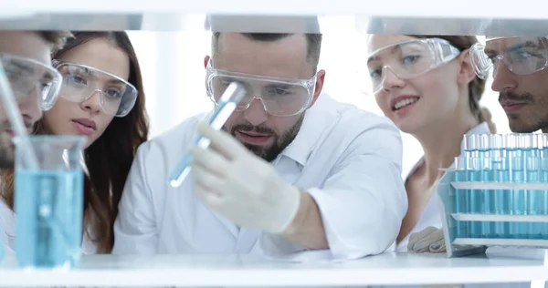 Primer plano de un médico-farmacéutico y colegas que trabajan en el laboratorio . — Foto de Stock