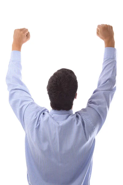 Щасливий бізнесмен піднімає руки вгору — стокове фото