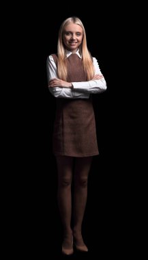 başarılı genç iş kadını. Karanlıkta izole. tam büyüme içinde fotoğraf