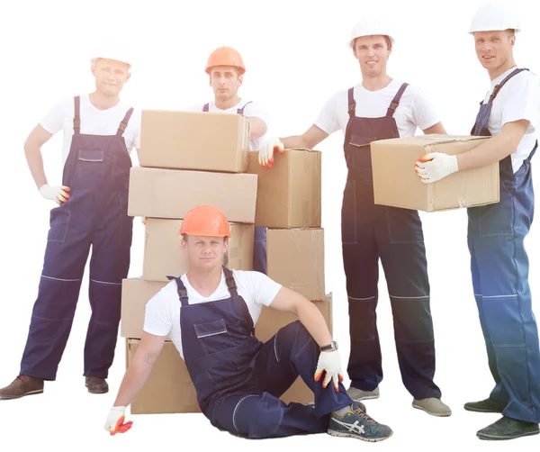 Happy Male Movers Uniform Carrying Boxes — Stock Photo, Image