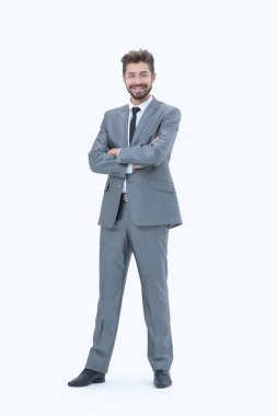 Kendine güvenen başarılı iş adamı beyaz adam gri takım elbise