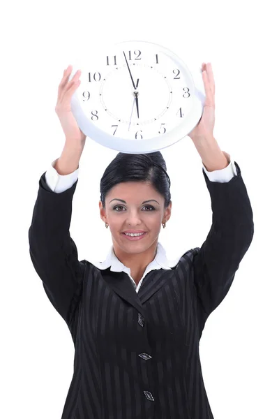 Business concept.business woman holding a big clock. — Stock Photo, Image