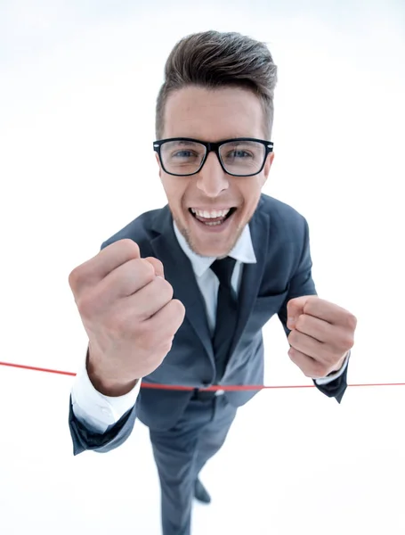 Businessman Crossing Finish Line White Background — Stock Photo, Image