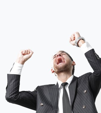 Beyaz arka plan üzerinde izole portre, muzaffer işadamı,