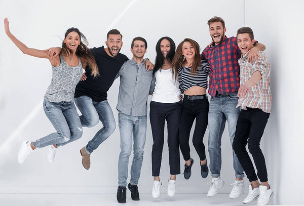 triumphant group of young people