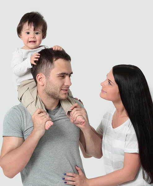 The little boy is sitting on the shoulders of Dad — Stock Photo, Image