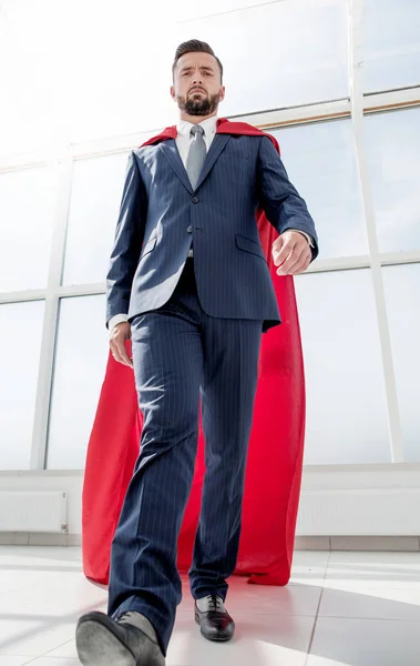 Businessman Superman Cloak Standing Bright Office Photo Copy Space — стоковое фото