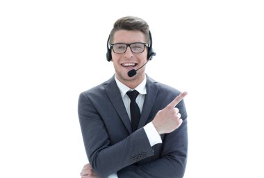 the call center operator points a finger to the side clipart