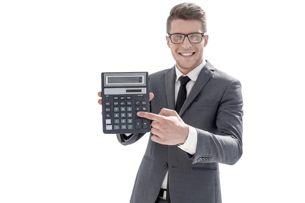Empresario de traje mostrando calculadora —  Fotos de Stock