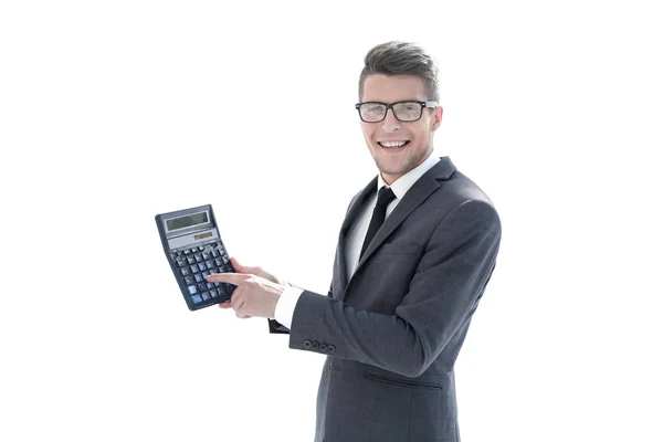 Affärsman innehar en miniräknare — Stockfoto