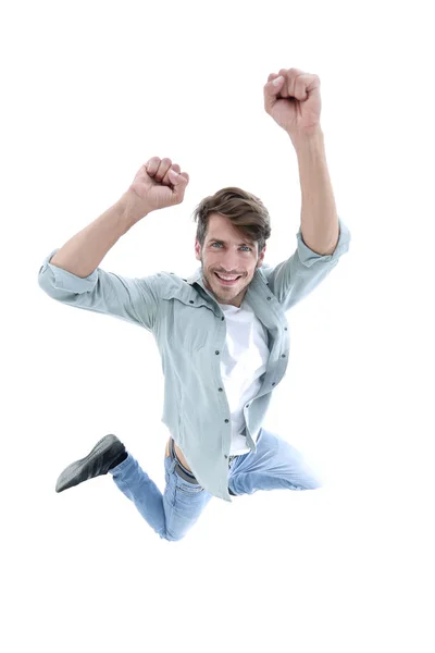 Счастливый человек прыгает в воздух от радости — стоковое фото