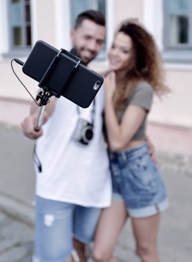 Mutlu seyahat çift selfie, romantik ruh hali yapma.