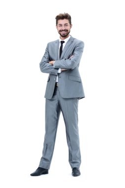 Kendine güvenen başarılı iş adamı beyaz adam gri takım elbise